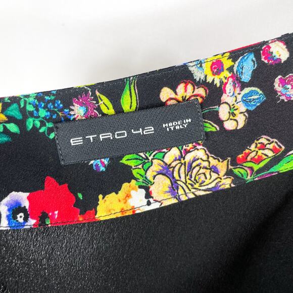 ETRO Floral Pants Set Black Silk 2pc One Shoulder Top Wide Leg Sz 42 IT / M - Picture 7 of 15